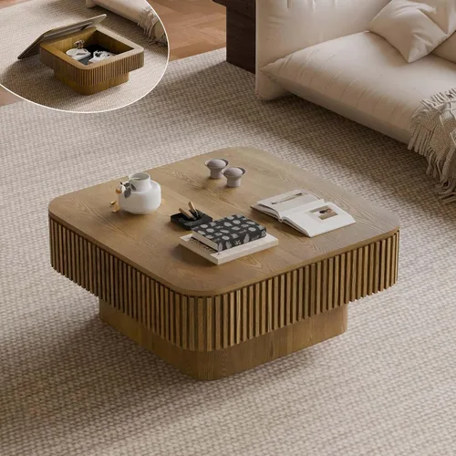 Miniatura 14 de Mesa de café cuadrada pequeña con almacenamiento, mesa de café moderna de madera con chapa de madera maciza, mesa central estriada