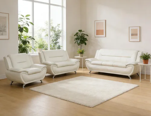 Sofás Seccionales de Cuero, Conjuntos de Muebles de Sala de Estar, 3 Piezas Conjunto de Sofá Moderno para Sala de Blanco crema