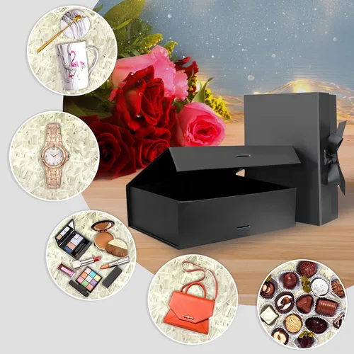 Miniatura 7 de DaiUni 10.5"X7.5"X3.1" Black Magnetic Gift Box with Lid and Ribbon for Presents Naranja