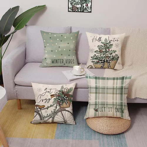 Miniatura 6 de Hello Winter Vibes - Juego de 4 fundas de almohada decorativas verdes de 20 x 20 pulgadas, ponte acogedora para bicicleta, árbol de Navidad, copos