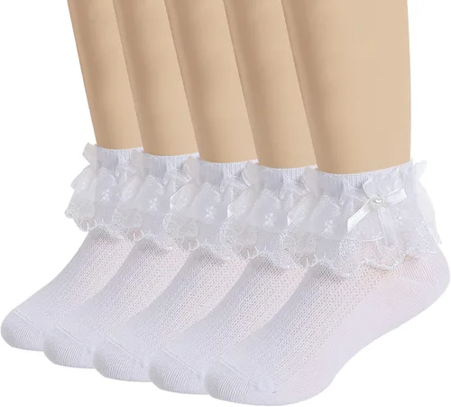 Looching 5 pares de calcetines de encaje con volantes y lazo con volantes de malla con ojales de princesa, calcetines de vestir al tobillo