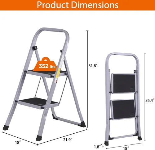 Miniatura 6 de F2C Escalera de 2 escalones, taburete de 2 escalones para adultos, taburete plegable de 2 escalones con práctico mango de empuñadura, capacidad
