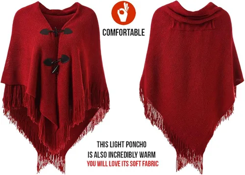 Miniatura 3 de Ferand Poncho de ajuste holgado para mujer con botones de cuerno elegantes, cuello en V y dobladillo en V