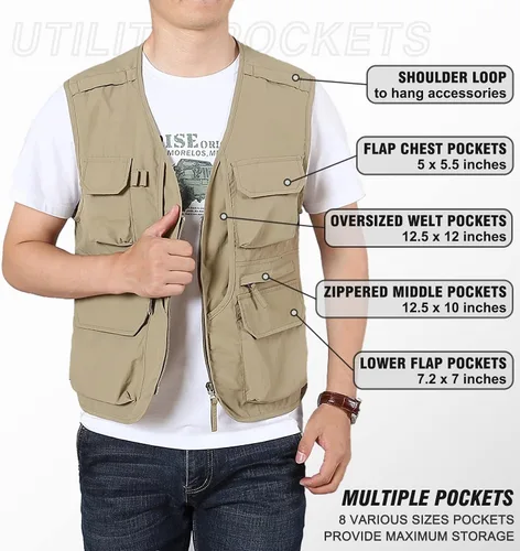 Miniatura 5 de LOUECHY Chaleco de pesca para hombre, chaleco ligero de viaje Safari con múltiples bolsillos