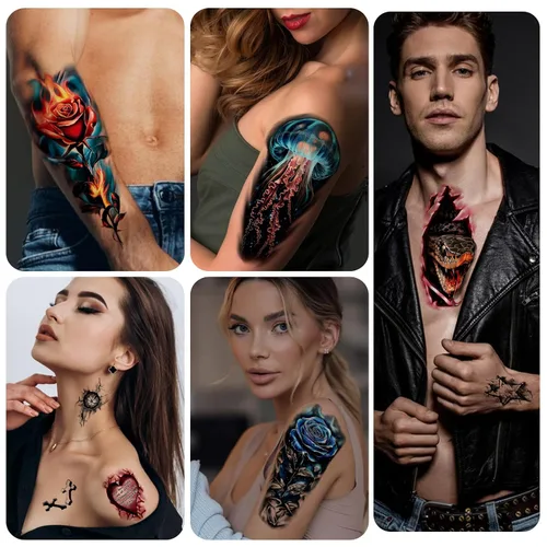 Miniatura 5 de 77 hojas de tatuajes temporales 3D para hombres y mujeres, diseño de león, tigre, dragón, araña, escorpión, serpiente, medusa, rosa, para cuello