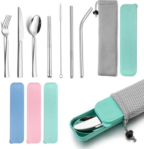 Miniatura 8 de HaWare Utensilios de viaje portátiles con funda, juego de cubiertos de acero inoxidable para camping, oficina, escuela, almuerzo, incluye cuchillo
