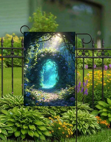 Miniatura 3 de Bandera de paisaje de fantasía, cuento de hadas, bosque, flores, puerta, jardín, patio, 12 x 18 pulgadas, poliéster de doble cara, bandera