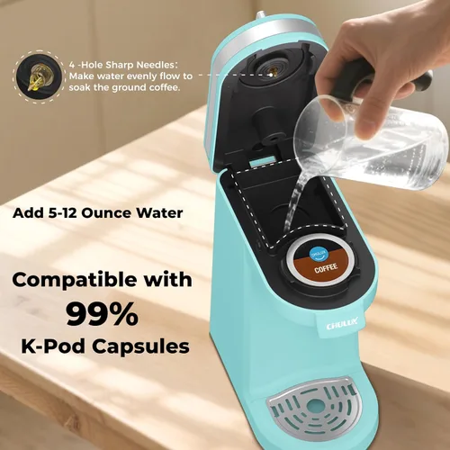 Miniatura 6 de CHULUX Mini cafetera para cápsulas K, cafetera de una sola porción para una taza americana, máquina de café ligera en cápsulas, aguamarina