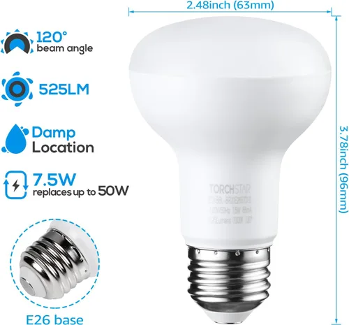 Miniatura 3 de TORCHSTAR Paquete de 8 bombillas LED BR20, luz de inundación para interiores R20, regulable, 7.5 W (50 W equivalente), UL y Energy Star, 3000 K