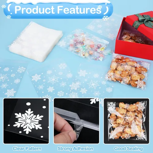 Miniatura 3 de Coopay 200 bolsas para galletas de Navidad con copos de nieve, pequeñas bolsas de celofán para golosinas, 5.5 x 5.5 pulgadas, autoadhesivas