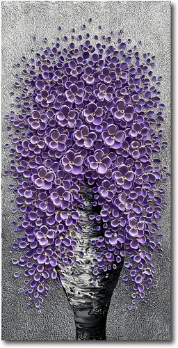 Epicler - Pintura al óleo de flores moradas grandes pintadas a mano, contemporánea, abstracta, decoración del hogar, pintura de arte decorativo de