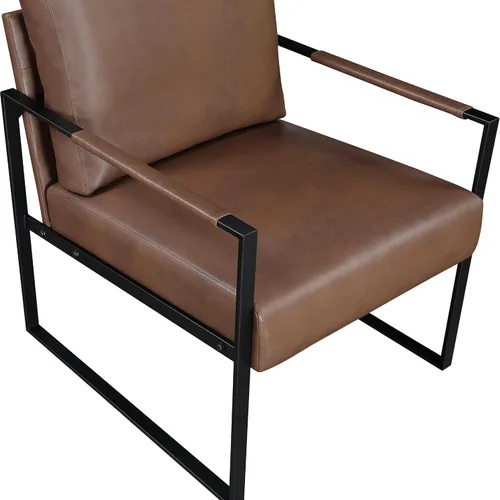 Miniatura 9 de Lexicon Silla decorativa moderna, tapizada de piel sintética con reposabrazos envueltos, sillón con marco de metal negro, cómoda silla individual