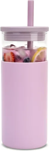 Miniatura 10 de Tronco Vaso de vidrio de 20 onzas con tapas y pajitas, vasos reutilizables para batidos con tapa de silicona, taza de café helado con funda