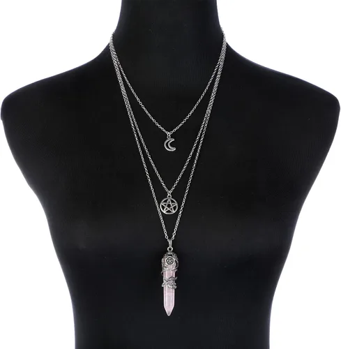 Miniatura 4 de MJartoria Collar de pentagrama de luna, collar de chakra de cristal, colgante, con dije, cadena de aleación multicapa, conjunto de gargantilla