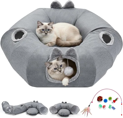 Miniatura 8 de Odoland Cama de túneles para gatos de interior con juguetes interactivos para gatos, tubo para gatos con cojín lavable para gatos pequeños