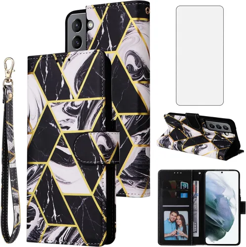 Asuwish Funda tipo cartera compatible con Samsung Galaxy S22 5G y protector de pantalla de vidrio templado, soporte de cuero con tapa para Negro