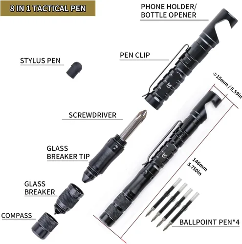 Miniatura 5 de Bolígrafo táctico 8 en 1 multiherramienta con soporte para teléfono, lápiz capacitivo, regalos para hombres, bolígrafo EDC para autodefensa, uso
