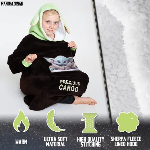 Miniatura 5 de Disney The Mandalorian - Manta con capucha para niños y adolescentes, manta de forro polar Baby Yoda Marrón/Verde