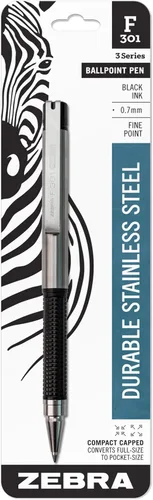 Zebra Pen F-301 - Bolígrafo compacto de acero inoxidable, punta fina de 0.7mm (0.028 in), 1 unidad: tinta de fácil deslizamiento, agarre