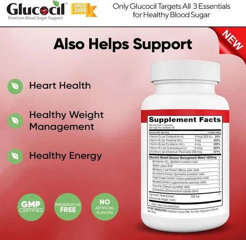 Miniatura 4 de Glucocil – Nuevo – Cápsulas vegetarianas – Soporte premium para el azúcar en sangre – Apoya los 3 elementos esenciales para un azúcar en sangre