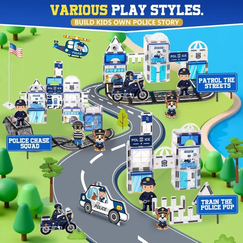 Miniatura 4 de 60 piezas de conjunto de azulejos magnéticos de estación de policía con 6 muñecas magnéticas, bloques de construcción de azulejos magnéticos