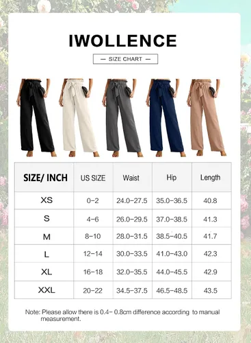 Miniatura 4 de IWOLLENCE - Pantalones de pierna ancha para mujer con bolsillos, cintura alta, nudo ajustable, holgados, casuales, para trabajo y negocios