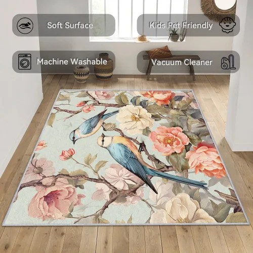 Miniatura 7 de Bird Flower Rugs for Bedroom 5x7 - Retro Floral Carpet for Living Room, 70s Rustic Washable Area Rug & Home Decor, Soft Low Pile Non Slip Indoor