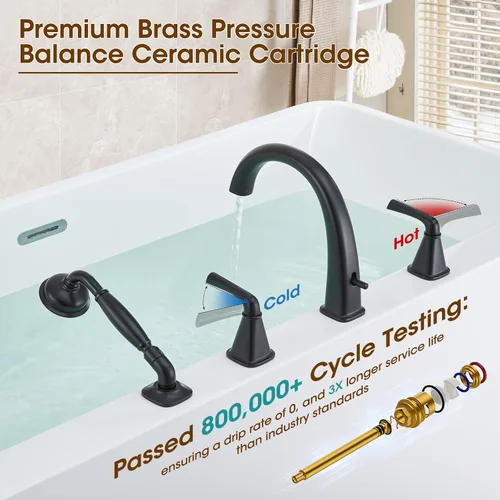 Miniatura 6 de Grifo de bañera romana de alto flujo con ducha de mano, grifo de bañera de montaje en cubierta mate negro de 4 agujeros con válvula, grifos