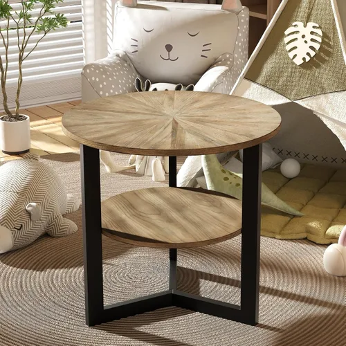Miniatura 10 de Mesa auxiliar redonda grande con estante de almacenamiento, sofá circular rústico patas de metal negro, mesita de noche de madera maciza, teléfono