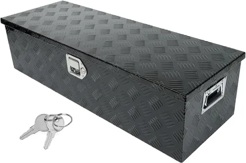 Caja de herramientas de aluminio negro de 39 x 13 x 10 pulgadas con cerradura y llaves, caja de herramientas de 5 barras de banda de rodadura, caja