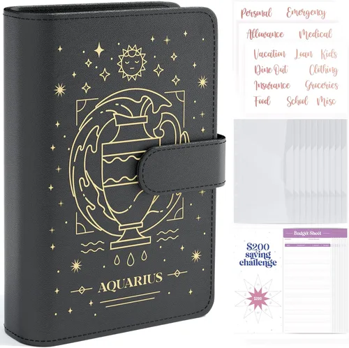 SOUL MAMA Carpeta de presupuesto del zodíaco con sobres de efectivo para presupuestos – Carpeta A6 negra Acuario, organizador de dinero para carpeta