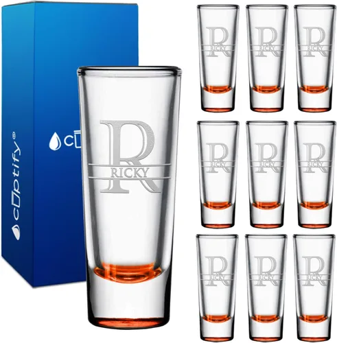 Miniatura 26 de Vaso de chupito personalizado con fondo verde azulado personalizado de 2 oz, vasos de chupito cordial con inicial en script dividido y nombre