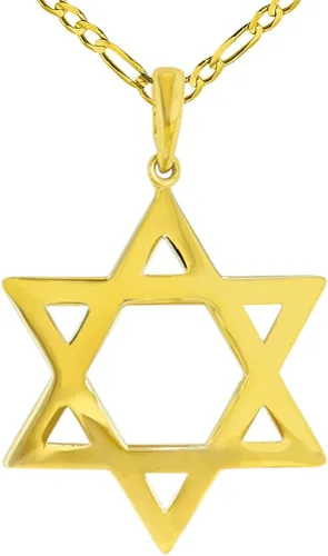 Colgante grande de estrella de David de oro amarillo pulido de 14 quilates con collar Figaro