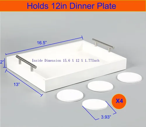 Miniatura 3 de Bandeja para servir de 16.5 x 13 pulgadas, bandeja otomana de madera de lujo, mesa auxiliar con asas de metal plateado pulido, 4 posavasos redondos