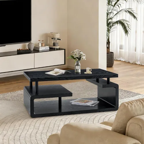 Miniatura 9 de Mesa auxiliar de 43.3 pulgadas, mesa central moderna de 3 niveles con almacenamiento, mesa de centro grande de madera para sala de estar, oficina