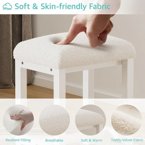 Miniatura 6 de Taburete pequeño de piel sintética de peluche, bonitos taburetes de tocador con cojín, silla de maquillaje blanca para espacios pequeños, sala