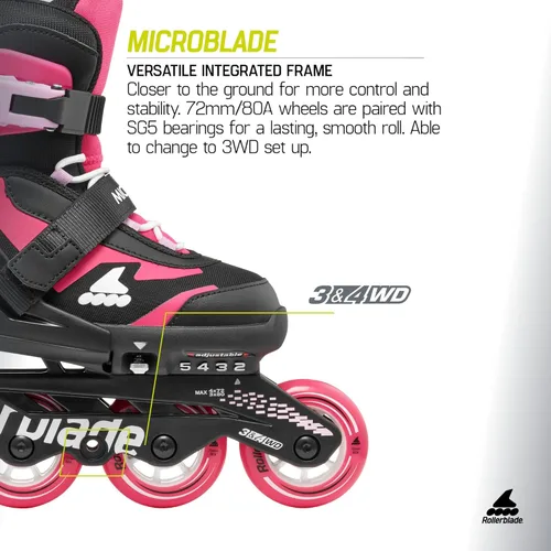 Miniatura 5 de Rollerblade Microblade - Patines en línea ajustables para niños, para jóvenes, rendimiento juvenil Rosa/Negro