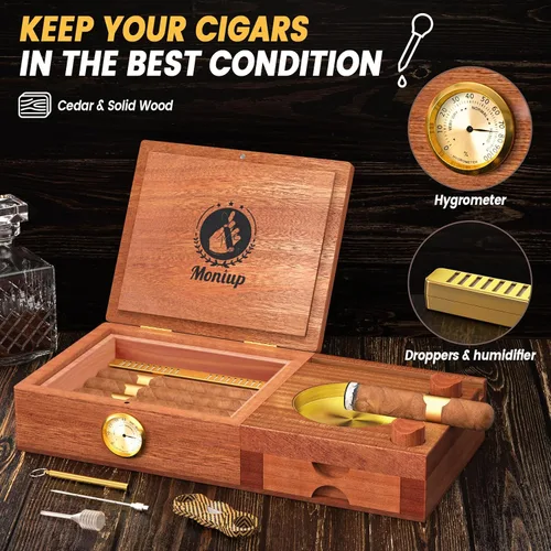 Miniatura 4 de Juego de humidor y cenicero con forro de madera de cedro, con cortador de puros, higrómetro, humidificador, potenciador de dibujo, bandeja de whisky