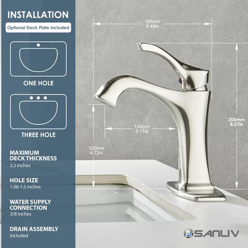 Miniatura 6 de Grifo de Baño de Níquel Cepillado, Grifo de Lavabo de Baño Centerset de Una Sola Manija Sanliv con Desagüe Pop-Up y Placa de Cubierta