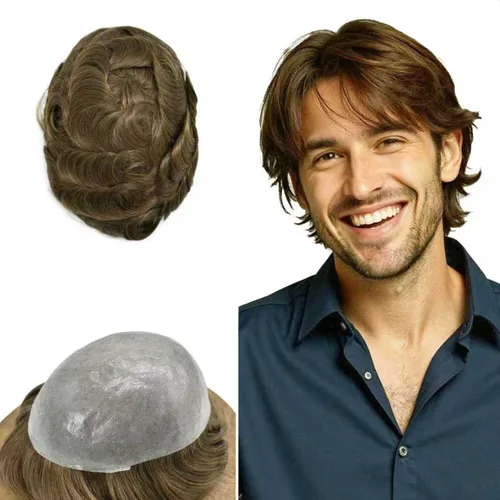 Miniatura 44 de Extensiones de pelo tipo tupé para hombre, sistema de reemplazo de cabello humano virgen 100% europeo, piel fina y duradera, inyección completa