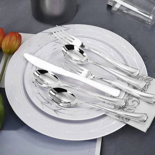 Miniatura 3 de COLOSUS Juego de 175 platos desechables de plástico y cubiertos de Año Nuevo, incluye 25 platos llanos, 25 platos de postre, 25 tazas, 25 Plateado