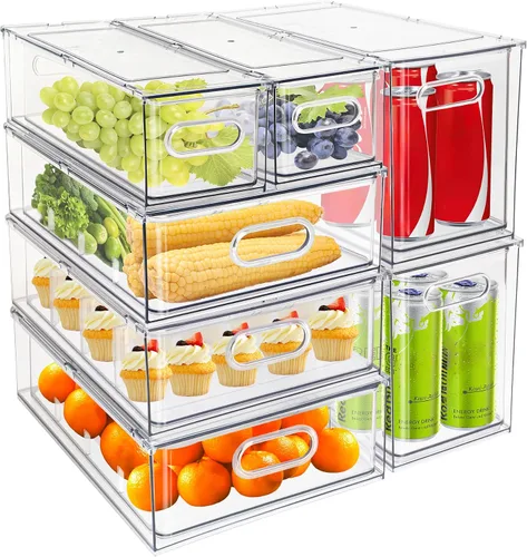 Miniatura 8 de Cajón apilable para nevera con asas, paquete de 3 recipientes grandes transparentes para alimentos con divisores extraíbles, caja de almacenamiento
