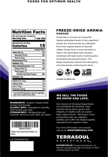Miniatura 2 de Terrasoul Superfoods Aronia en polvo orgánico, 4 onzas, liofilizado, antioxidantes