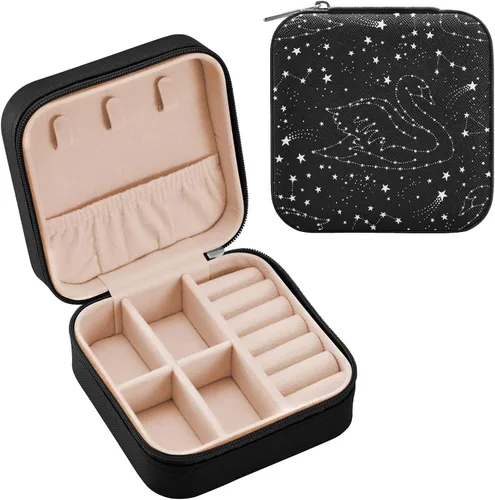 Miniatura 2 de Tatenale Joyero de viaje pequeño organizador de joyas para anillos, aretes, collares, niñas, mujeres, hombres, estrella fugaz blanca y cisne, negro