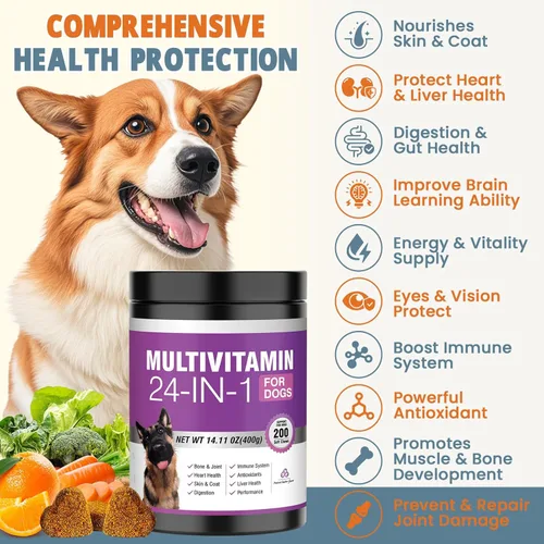 Miniatura 2 de Vitaminas y suplementos 24 en 1 para perros, 200 unidades, multivitamínico masticable para perros, contiene condroitina, probióticos, Omega-3