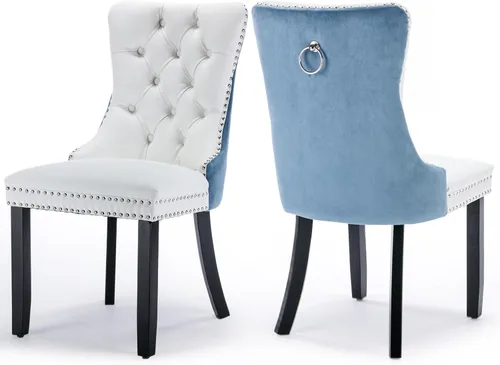 Miniatura 46 de Juego de 2 sillas de comedor tapizadas de terciopelo, sillas laterales de cocina de estilo moderno con ribete de cabeza de clavo y patas de madera