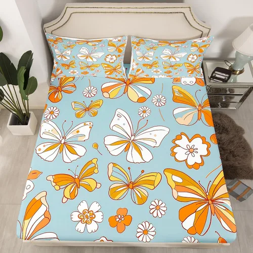 Miniatura 8 de Juego de sábanas ajustadas estilo 70s hippie retro para cama individual, juego vintage de otoño con hojas florales para niños y niños, juego de ropa