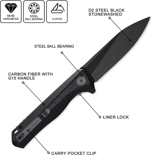 Miniatura 2 de Petrified fish PF818,3.54" D2 Blade, 3.67 oz G10 Handle Flipper Cuchillo plegable (fibra de carbono con mango G10, negro lavado a la piedra)