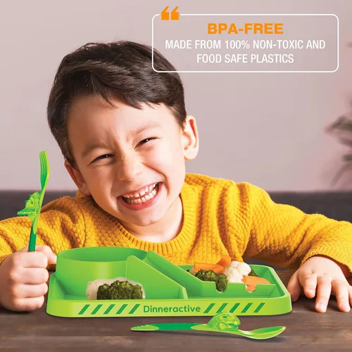 Miniatura 5 de Juego de vajilla Dinneractive para niños - 3 piezas de vajilla verde de dinosaurios - Utensilios de dinosaurios - Platos para niños pequeños