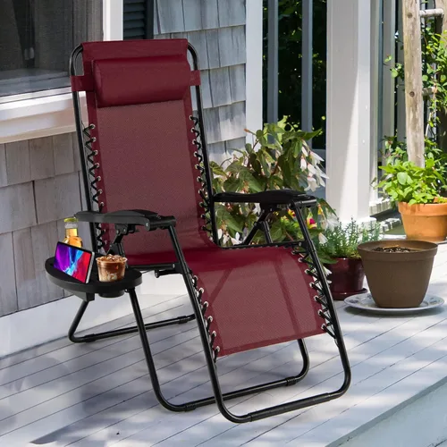 Miniatura 9 de Goplus Sillas de salón Zero Gravity, reclinables plegables ajustables en 160° con almohada y soporte para tazas, cómodas sillas de descanso de 350